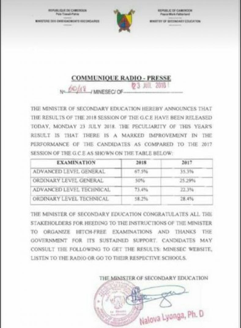 Cameroon GCE results 2018 O/L and A/L "General" Edu..