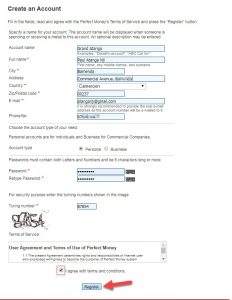 Perfect Money account registration form